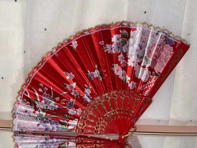 Ventilatore a mano in finta seta rosso rosa e viola motivo floreale - Pin Up rockabilly