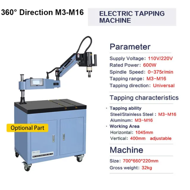360° M3-M16 Electric Tapping Machine Tapper Arm Touch Screen Drilling Machine US