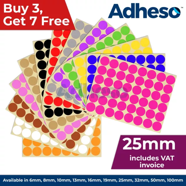 Adheso 25mm Coloured Dot Stickers Round Sticky Dots Adhesive Circles Labels