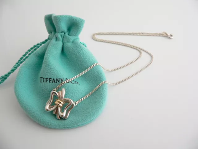 Tiffany & Co Silver 18K Gold Ribbon Bow Necklace Pendant Charm 17.8 Inch Pouch
