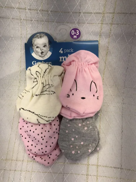 New Gerber 4 Pack Baby Girl Scratch Mittens Gloves 0-3 Months Pink Gray Bunny