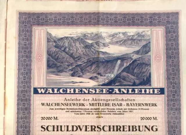 Walchenseewerk AG München Anleihe 1923 + Kup. E.on Bayern Isar Kochel Walchensee