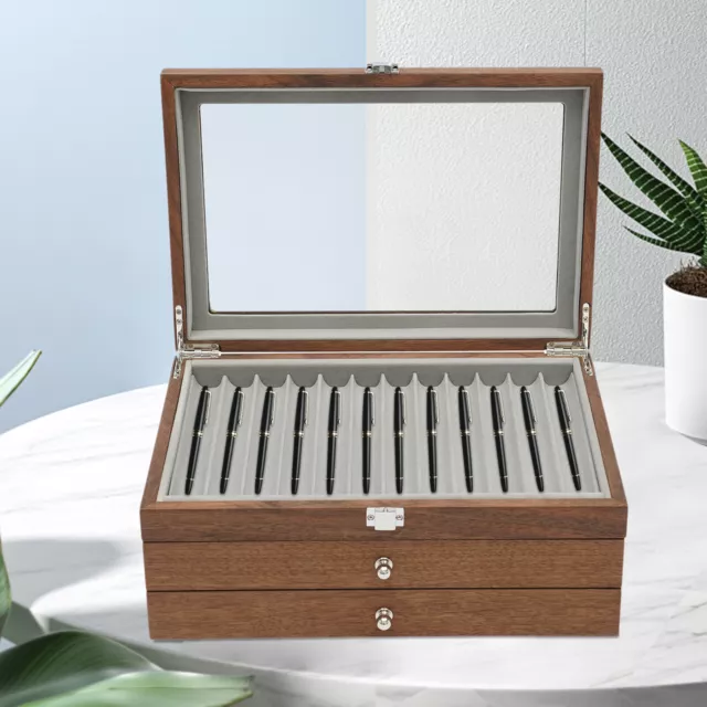 34-Slots Pen Display Organizer Walnut Wood Fountain Pen Storage Box Collector