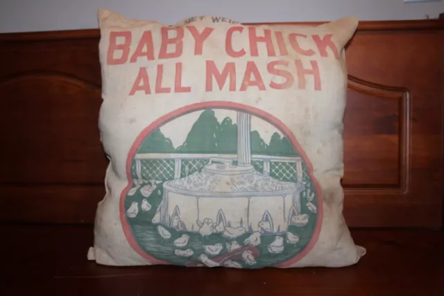 Vintage Grain Sack/Feed Sack Pillow/Rustic/Farmhouse/Baby Chick Mash/Chicken