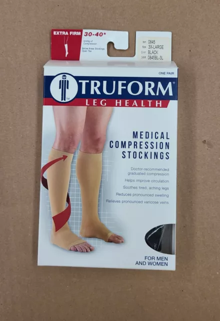 Truform 30-40 Below Knee Compression Stockings, Open Toe, Black, 3X, # 0845BL-3L