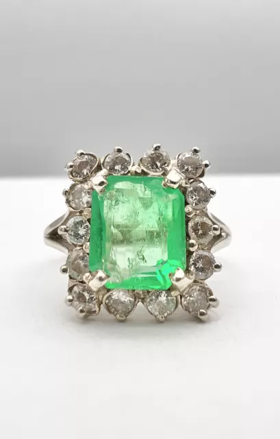 Fine 14k White Gold Natural 2.00ct Columbian Emerald & .42ct Diamond Hallo Ring