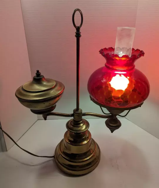 Vintage Victorian Brass Double Student Oil Lamp With Ruby Red Glass Shade 21"