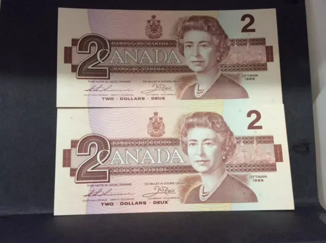 Canada 1986 Two Dollar Bills, 2 Consecutive, Uncirculated