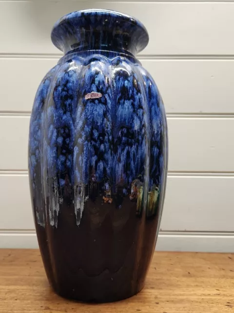 Large West German Scheurich Vase Blue Drip Glaze Mcm