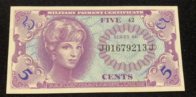 US Military Payment Certificate 5 Cents Note Series 641 Beautiful Note 1965-1968