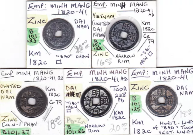 Vietnam/Annam ZINC coin. Legend: MINH MANG THONG BAO  - Choose wanted one of 5.
