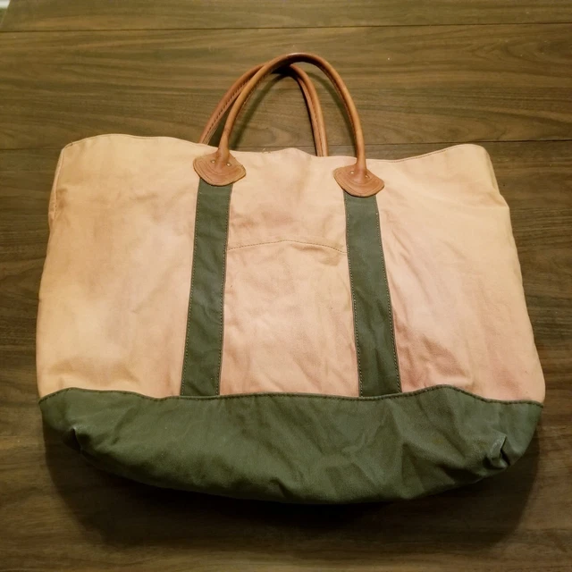 LL BEAN BAG Boat and Tote Khaki Green Canvas Leather Handles Plaid