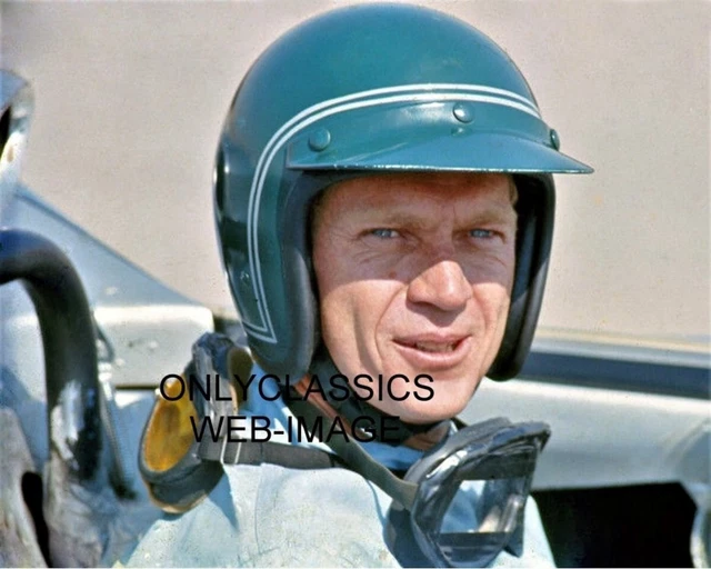 '67 Cool Steve Mcqueen Open Face Helmet In Lola T70 Auto Racing Sports Car Photo