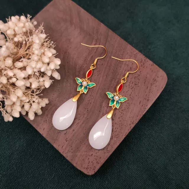 White Jade Water Drop Earrings Natural Women Jewelry 925 Silver Chinese Fashion