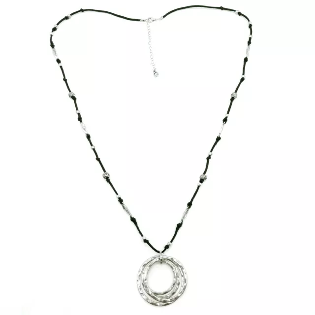 Charming Charlie Signed Necklace Hammered Circle Brown Suede Feather Silvertone