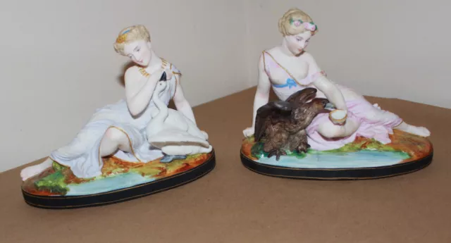 2 Antique French Letu & Mauger Bisque Porcelain Figurine Leda Swan Hebe Eagle 7"