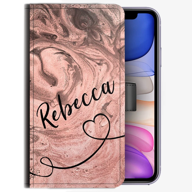 Personnalisé Initiale Téléphone Étui ; Nom & Coeur Rose Marbre Cuir PU