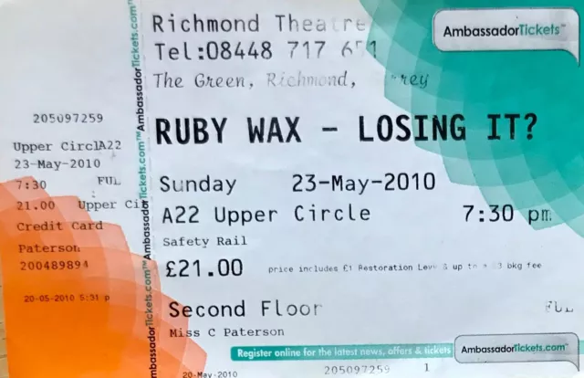 2010 Ruby Wax - Losing it  Theatre Ticket Richmond Theatre