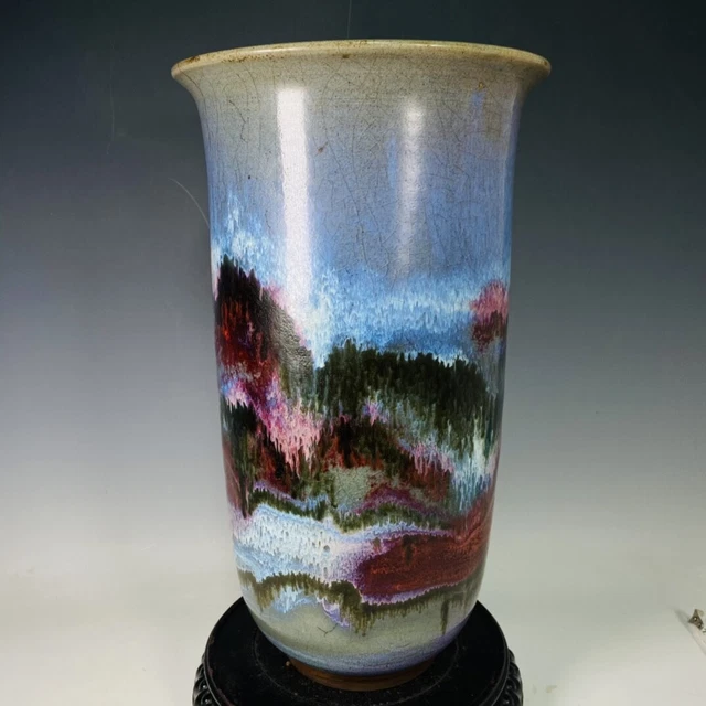 14.9" china antique song dynasty marked jun porcelain landscape gilt brush pot