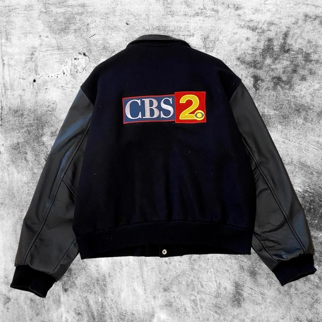 “CBS 2 News” Mac Murray Black Leather Wool Varsity Jacket California Large VTG