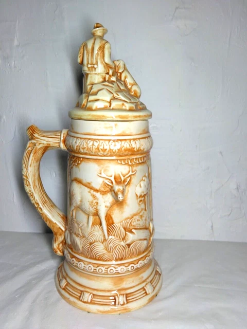 German Vintage Beer Stein - 3D appearance/Deer, Man with Dog, more  Very Ornate!