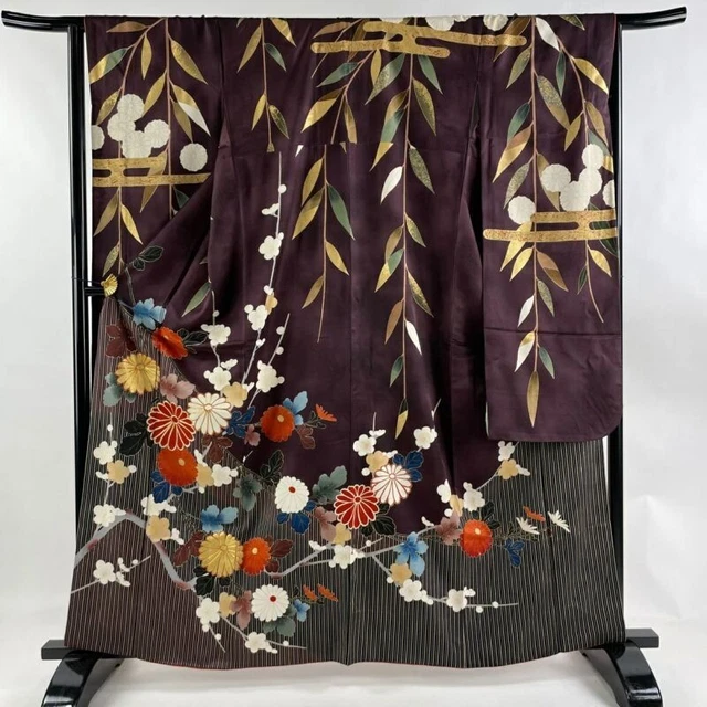 Japanese Kimono Furisode Pure Silk Chrysanthemum Branch Plum Deep Purple Color
