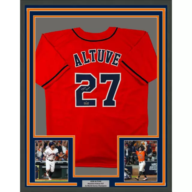 Framed Facsimile Autographed Jose Altuve 33x42 Orange Reprint Laser Auto Jersey