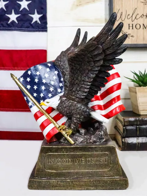 Patriotic Pride And Honor Bald Eagle Clutching American Flag Statue 10.75" Tall