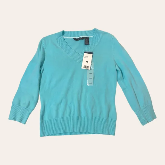 Hillard & Hanson Womens V-neck Sweater XS Blue Long Sleeves Cotton Blend NWT