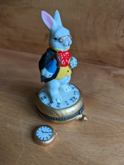 Vintage Alice in Wonderland Porcelain Hinged Box White Rabbit with Clock Trinket