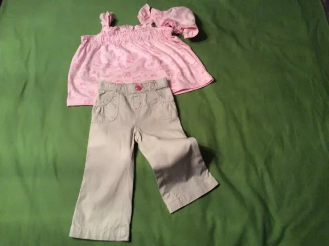 Baby Girl Size 18 to 24 Months Pant Set Beige Pants Pink Top With Hat  Y3
