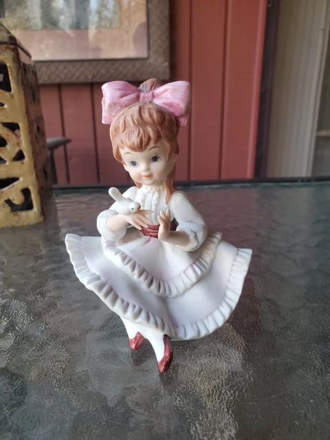 Vintage LEFTON China Young Girl PINK Dress Holding A Bird KW 3757 Hand Painted