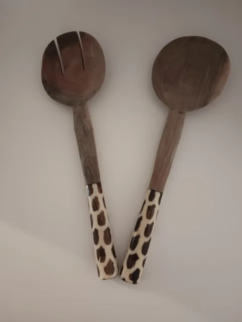 Handcrafted Wooden Salad Servers Fork & Spoon Set Giraffe Print Handles 11"