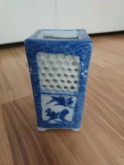 Vintage Ceramic Asian Calligraphy Brush Holder Reticulated Blue White Birds