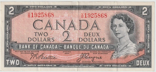 Canada 2 Dollars Banknote 1954 Choice Very Fine Condition Pick#38-B QE II