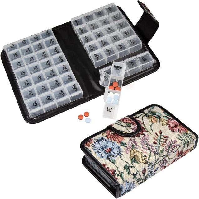 Caja de estuche para píldoras florales, contenedor de píldoras de 14 días y organizador de medicamentos,