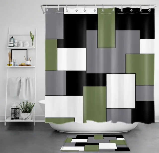 Juego de cortinas de ducha de patrón geométrico verde salvia negro gris para decoración de baño