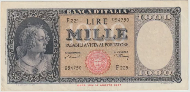 Italy 1000 Lire Banknote 1948 Nice Extra Fine Condition Pick#81-A