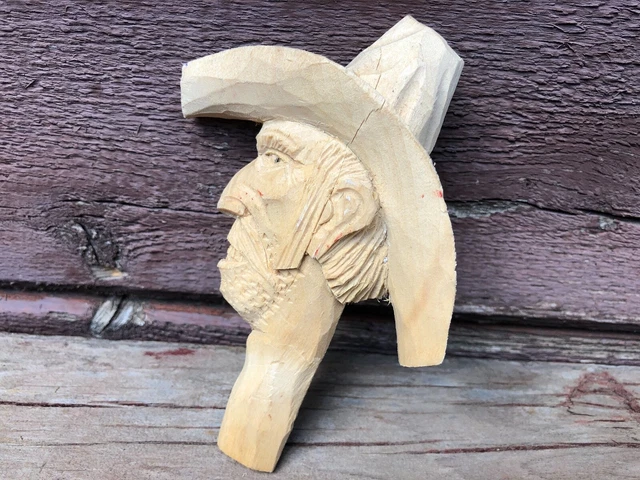 VTG Folk Art Wood Carved Mans Face Hillbilly Cowboy Western Carving
