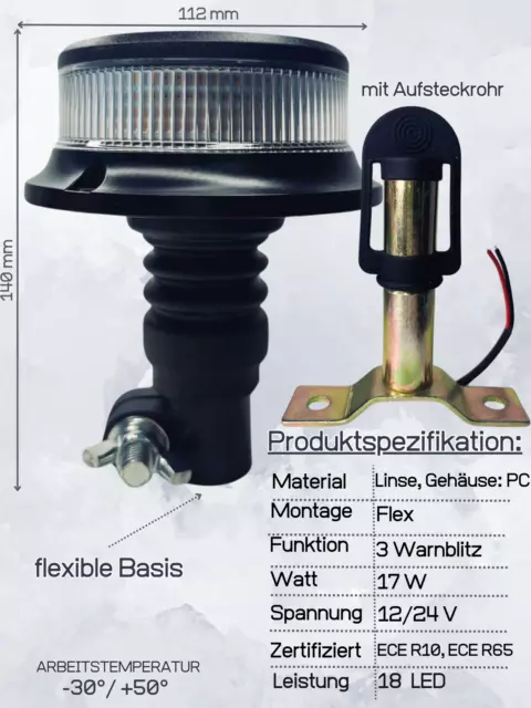 Orange weiß 18 LED Rundumleuchte 3 Blitzmuster 12V 24V ECE R65 R10 mit Halterung