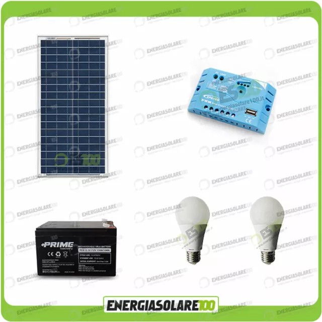 Kit Solare Fotovoltaico Campeggio Scout 30W 12V 12Ah Cellulare Luce LED 7W Stere