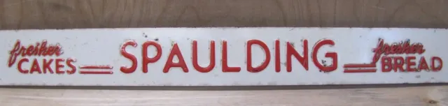 Antique SPAULDING Fresher Bread Fresher Cakes Adv Door Push Sign embossed metal