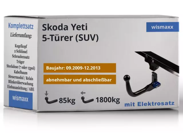 ANHÄNGERKUPPLUNG für Skoda Yeti 09-13 vert. abnehmbar HOOK +13pol ESatz ECS