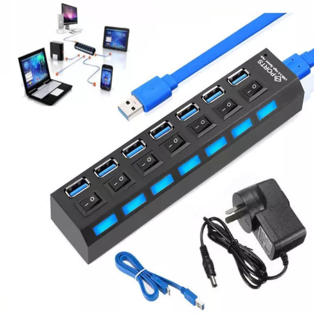 7Port USB 3.0 Hub Charger Individual Switches Powered AC Adapter PC Laptop AU