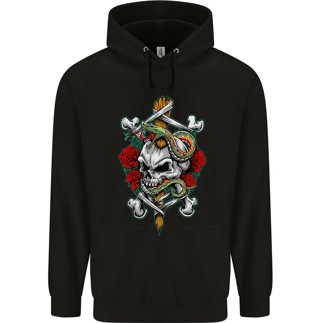 Felpa con cappuccio Skull and Snake Biker metallo pesante gotico da uomo 80% cotone
