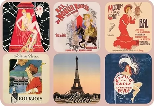 Set of 6 New Cork Back Coasters Paris Scenes Moulin Rouge Eiffel Tower Casino