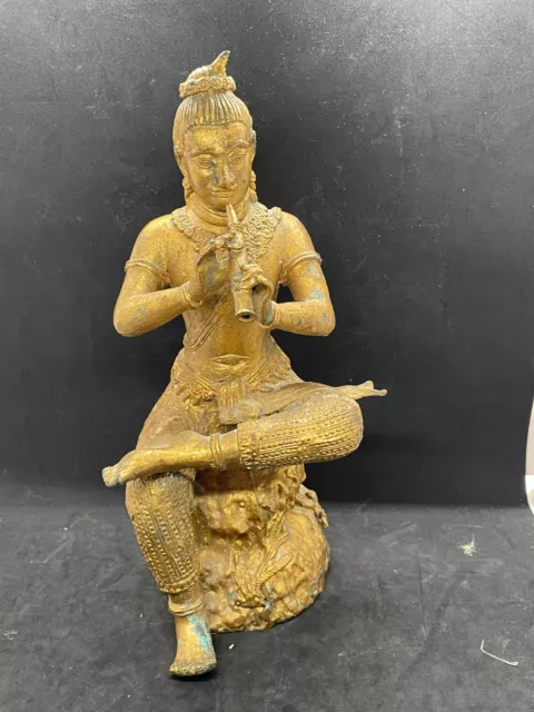 Antique 13" Tall Gilt Bronze Statue of an Oriental/Asian God/Figure/Musician
