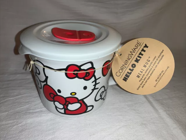 CorningWare HELLO KITTY Sanrio 20 Oz Handled MEAL MUG Vented Plastic Lid NEW