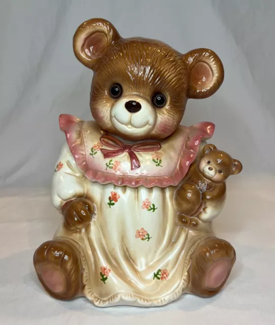 11" Tall Ceramic Teddy Bear in pajamas Holding it  baby bear  Cookie Jar