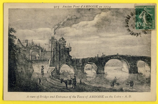 cpa Gravure Dessin ANCIEN PONT d'AMBOISE sur la LOIRE en 1734 Old Bridge France
